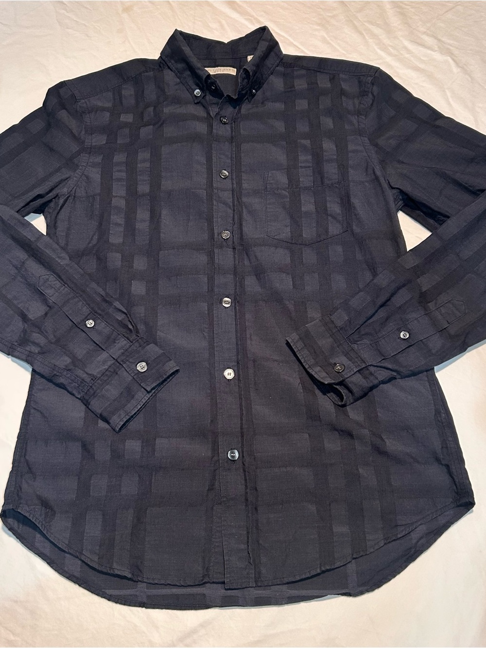 Burberry Mens Shadow Check Button Down Shirt Charcoal Grey Black Small S